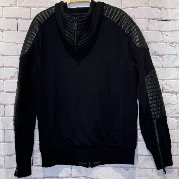 UNKUT Paris Men's Full-Zip Faux Leather/ 100% Cotton Med Black Hooded Sweatshirt - Picture 2 of 8
